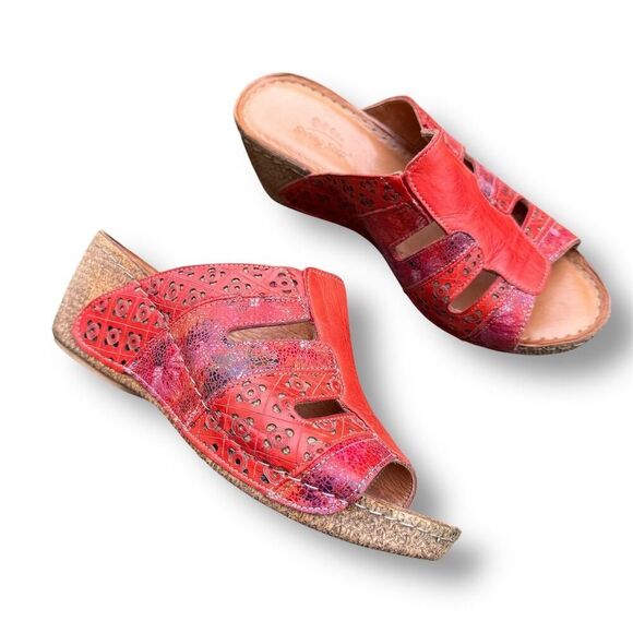 Spring Step Onaona Red Women's Leather Slide Sandals Size 8 Casual Wedge - Picture 1 of 16